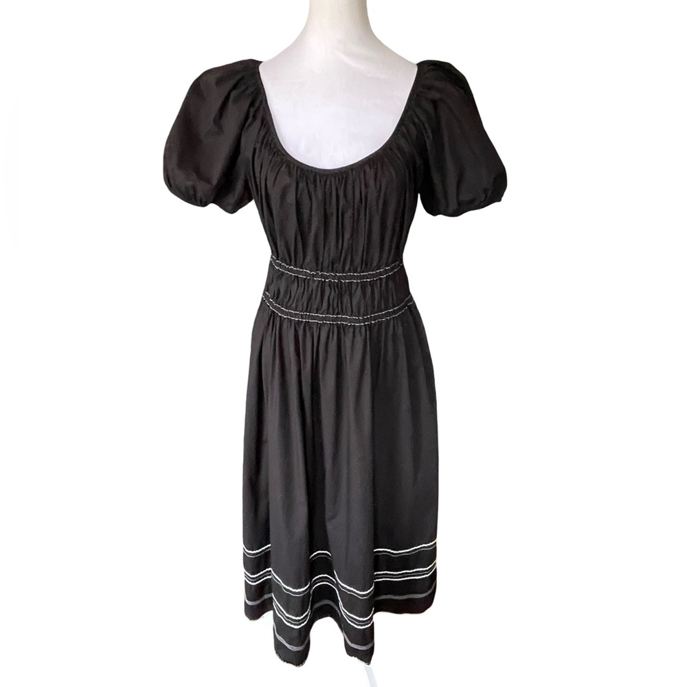 Kate Spade Ric Rac Riviera Black Puff Sleeve Smocked Midi Dress Large - Picture 3 of 15
